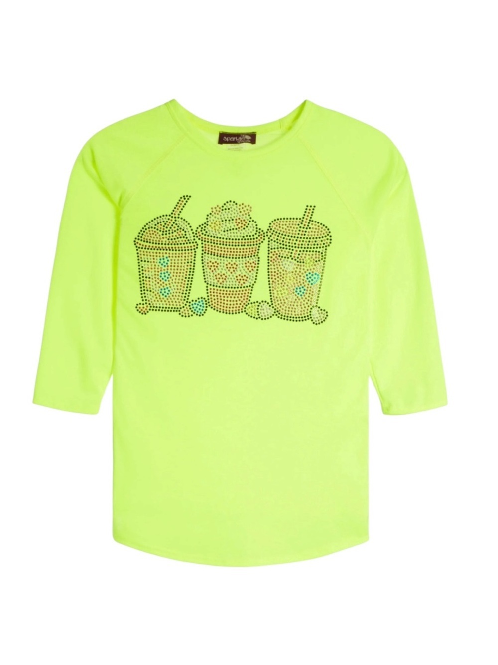 Sparkle by Stoopher Drink Rhinestone Tee Size 14 Neon Green Yellow 3/4 Sleeve